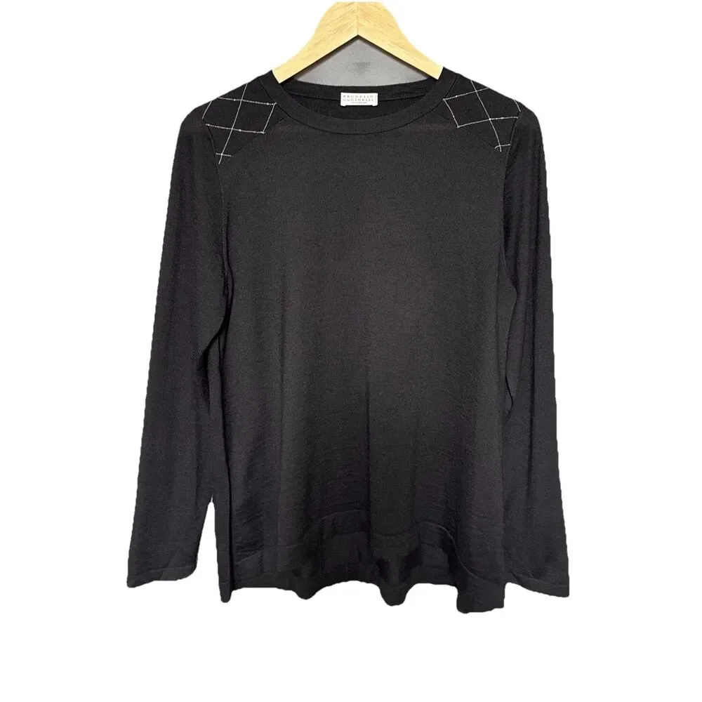 Brunello Cucinelli Cashmere Sweater Black Monili Crystal Bateau Neck L